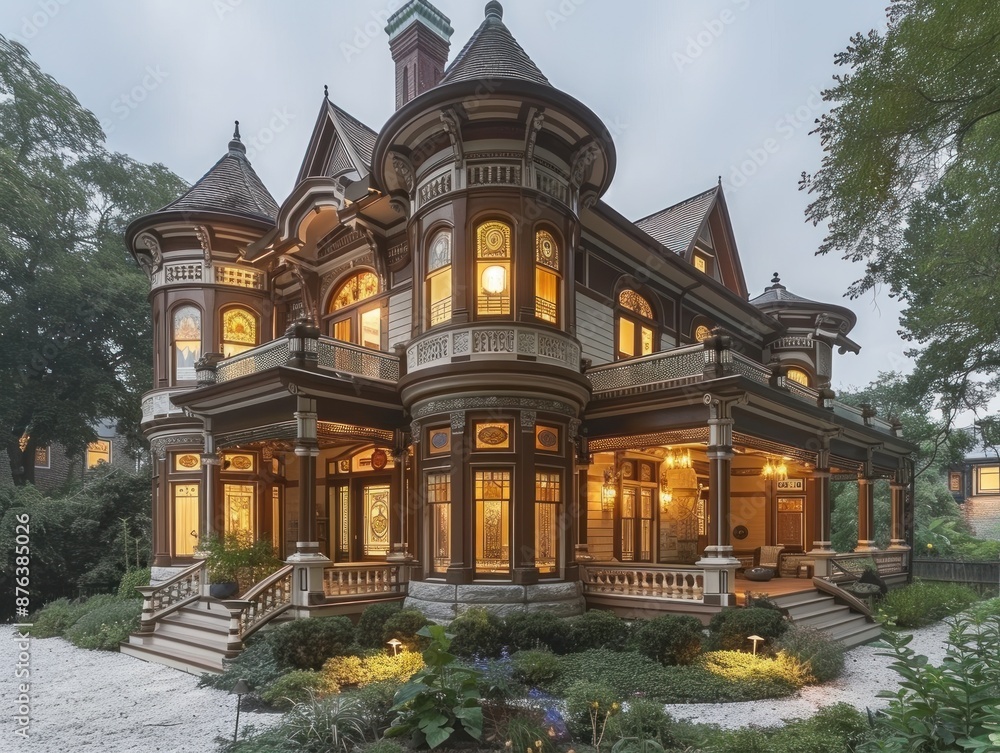 Obraz premium Victorian house with turrets & gables lit up at night, shadows fall on manicured landscaping