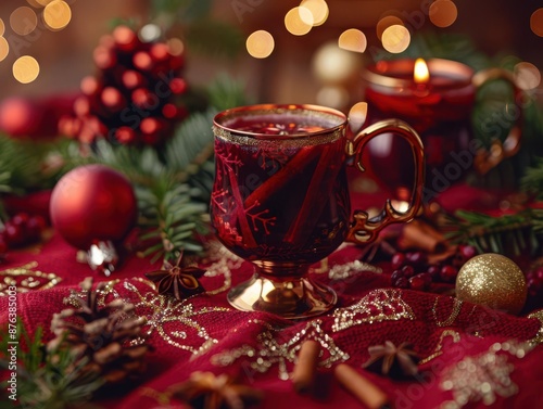 Warm mulled wine on a holiday table, cozy red and gold color scheme, room for text on the top © rookielion