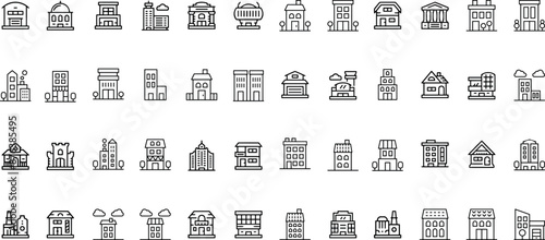 Building web icons in line style. Hotel, hospital, apartament, city, town house, mall, coffee, collection. Vector illustration.	