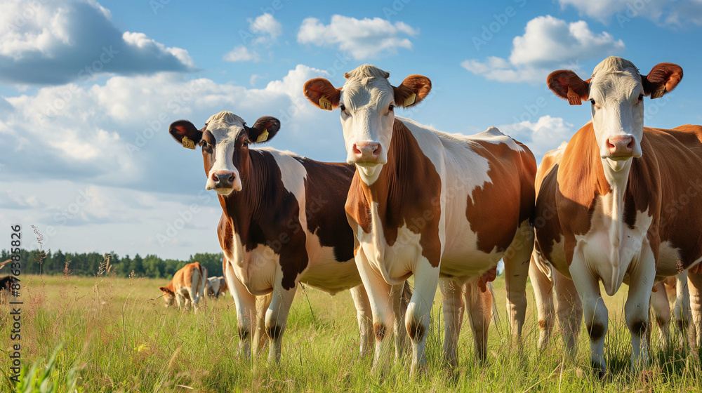 A group of cows standing together in a field with copy space A group of cows standing together in a field with copy space