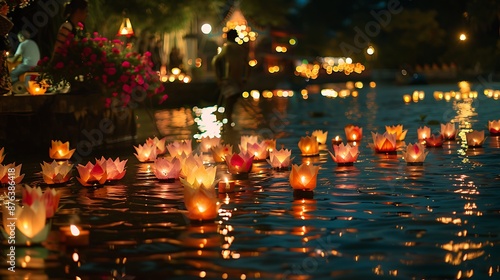 Floating Lanterns on Water During Loi Krathong Festival © Darunee