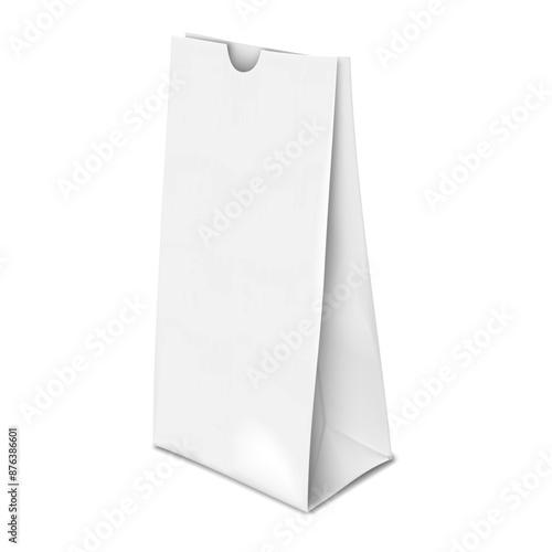 Blank white small paper bag isolated on white background. Realistic 3d vector mockup. Flat bottom gusseted package for loose goods as coffee, sweets, etc. Mockup. Template for design