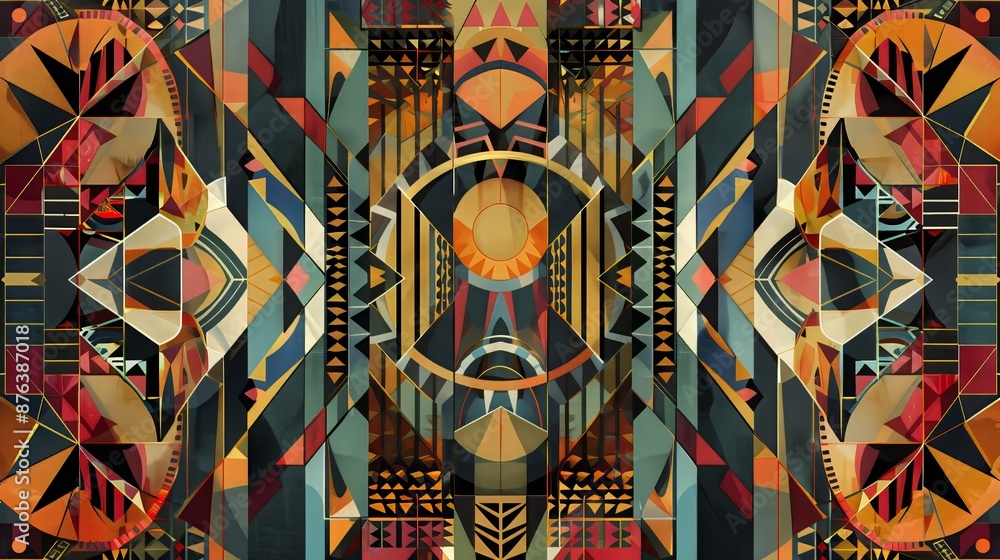 Fototapeta premium Geometric textiles with detailed patterns and vibrant colors, perfect for adding elegance to any space.