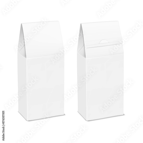 White blank paper pinch top box. Front and back. Realistic 3d vector mock-up. Cardboard gift box packaging. Mockup. Template for design