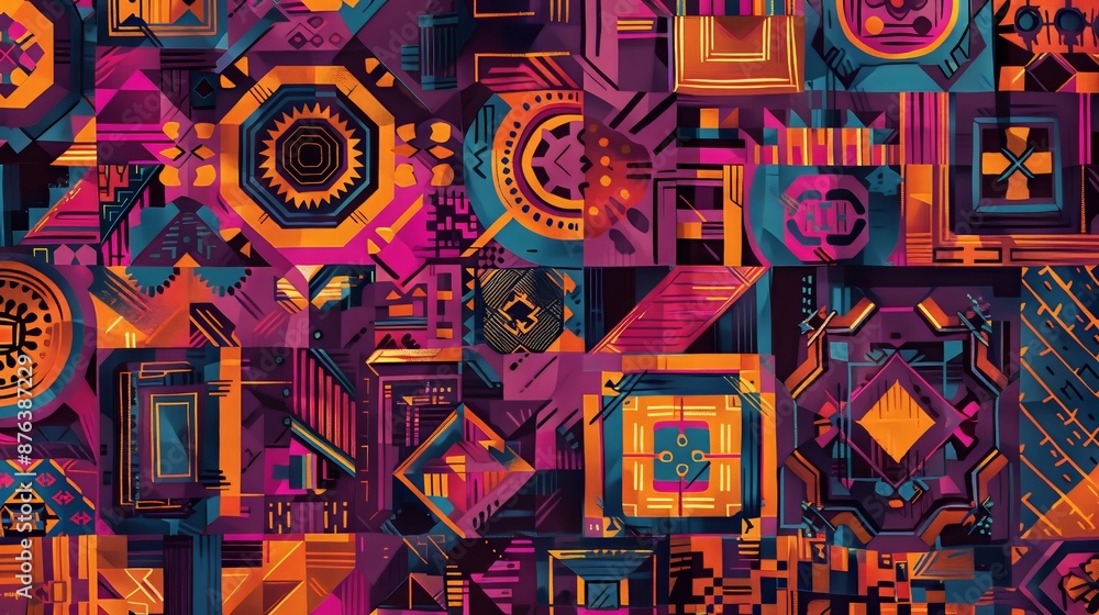 Geometric textile design with rich colors and detailed patterns, ideal for visually dynamic fabrics. Geometric textile design with rich colors and detailed patterns, ideal for visually dynamic fabrics.