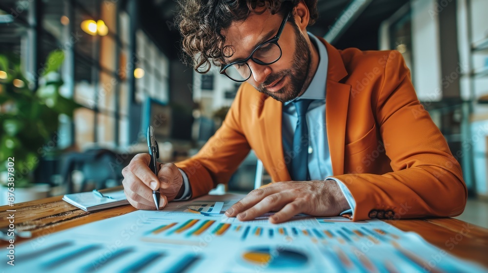 Businessman analyzing financial graphs in a modern office, focusing on economic growth and strategic planning for future investments. Businessman analyzing financial graphs in a modern office, focusing on economic growth and strategic planning for future investments.