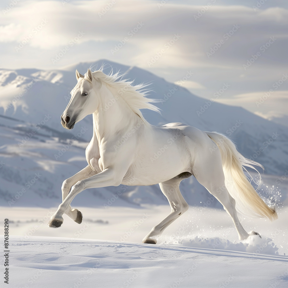 Ultra HD image of beautiful elegant white horse galloping running in white snowy background Ultra HD image of beautiful elegant white horse galloping running in white snowy background
