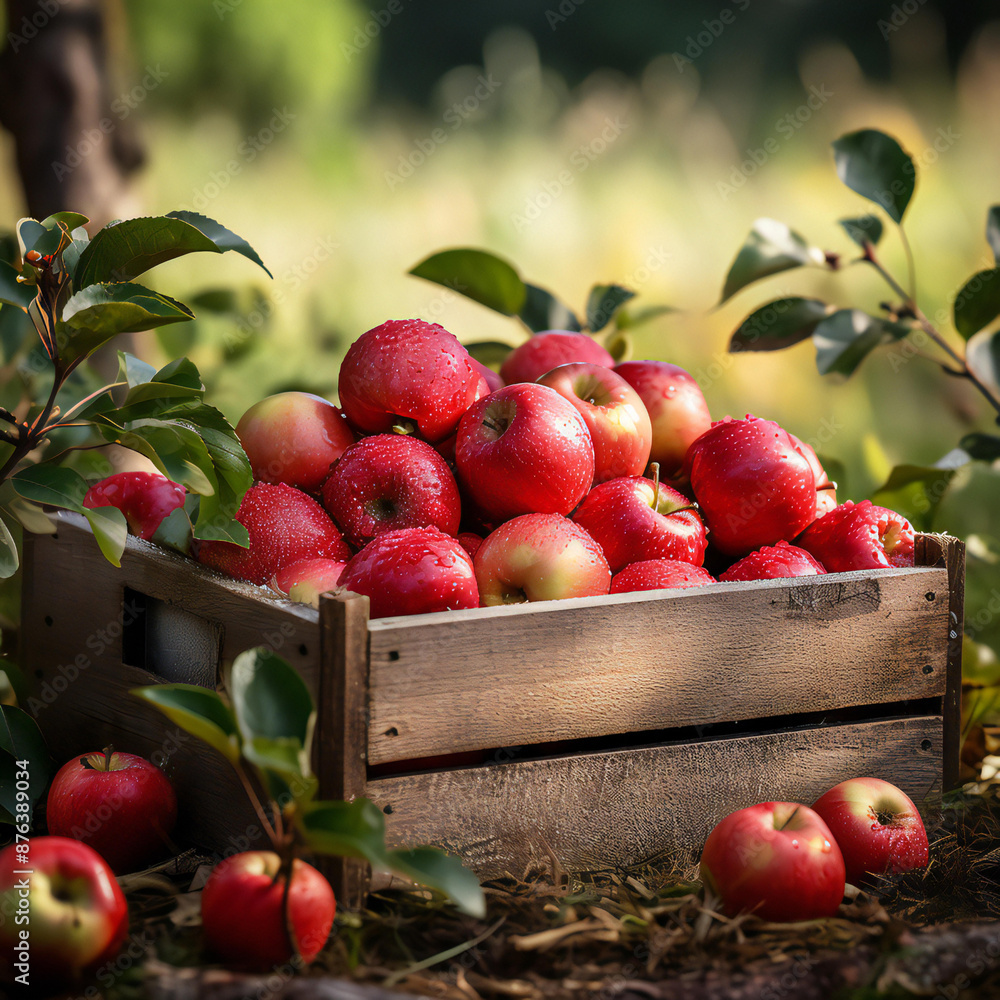 Box with red apples ripe of apple garden Box with red apples ripe of apple garden