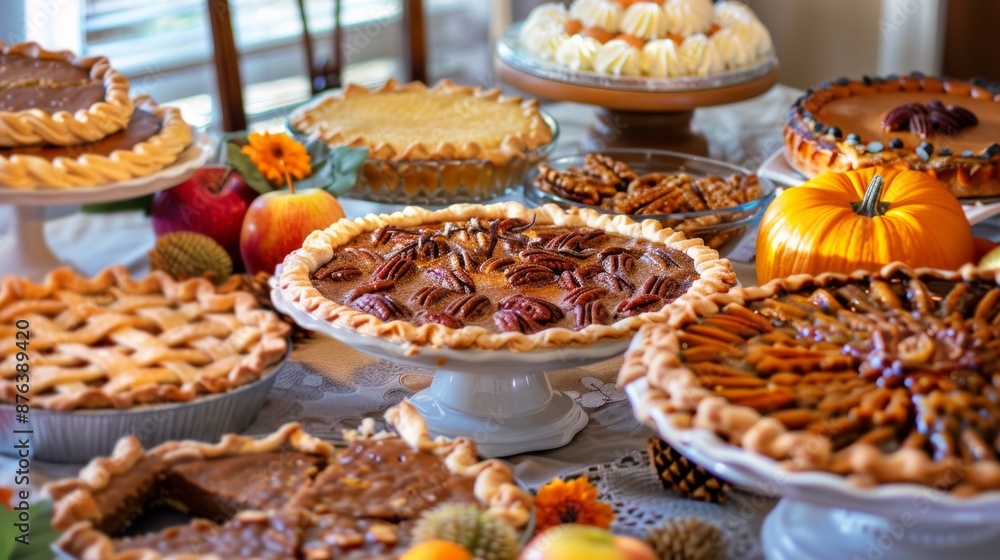 A table with various Thanksgiving desserts, including pumpkin pie, pecan pie, and apple pie A table with various Thanksgiving desserts, including pumpkin pie, pecan pie, and apple pie