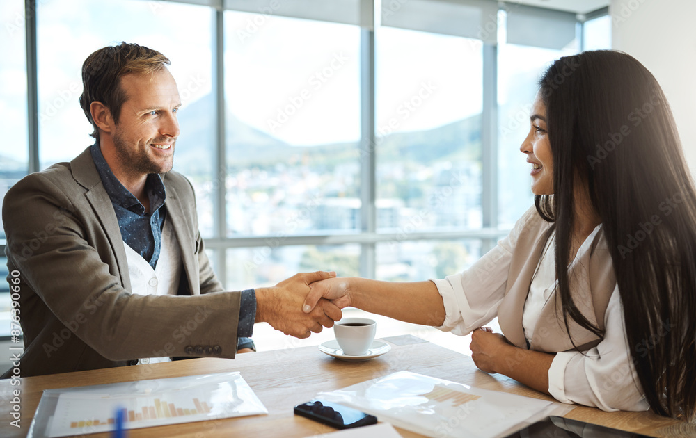 Fototapeta premium Businessman, woman or shaking hands in agreement for teamwork, meeting or partnership. Collaboration, offer or finance analyst greeting happy manager for support, financial advice or recruitment deal