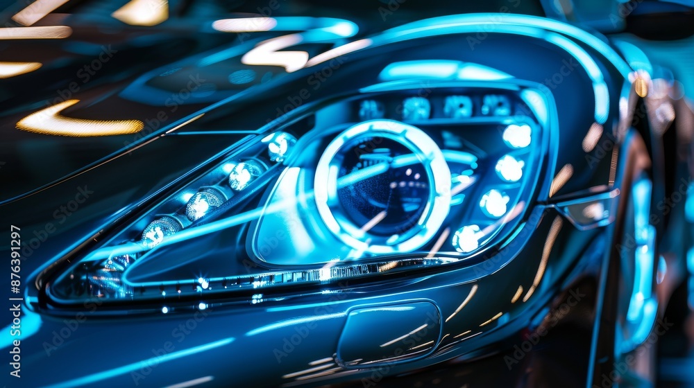 A close-up of a supercar's LED headlight with empty space.