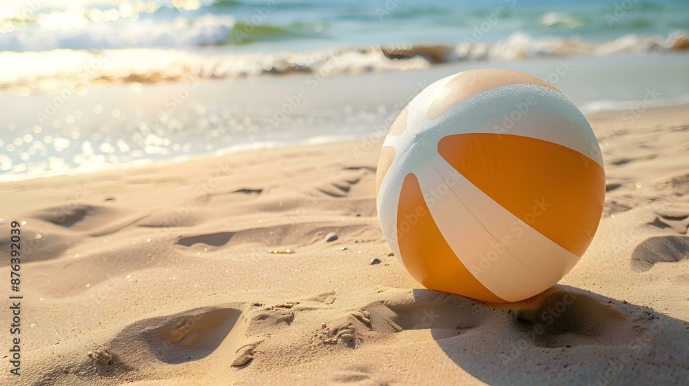 Obraz premium Close Up of a orange and white Beach Ball on sandy Beach. Summer Vacation Background