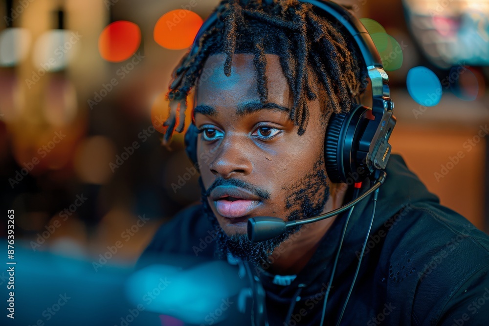 Portrait of a focused man wearing a headset with microphone. Portrait of a focused man wearing a headset with microphone.
