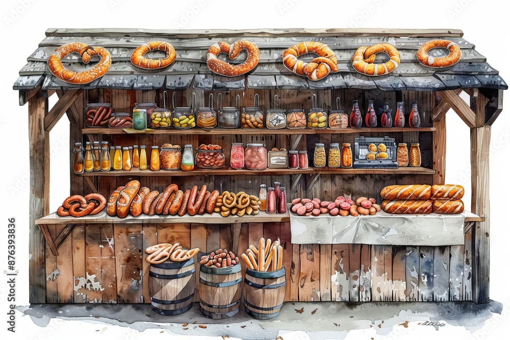 A rustic wooden market stall overflowing with fresh baked goods, preserves, and produce. A rustic wooden market stall overflowing with fresh baked goods, preserves, and produce.