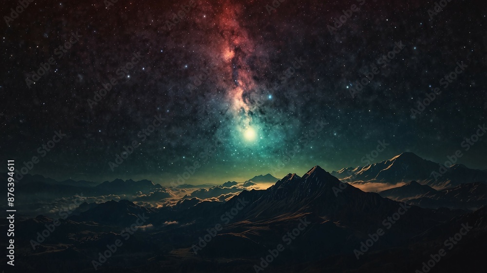 Starry night sky over mountains with glowing nebula and distant horizon Starry night sky over mountains with glowing nebula and distant horizon