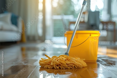 Efficient floor maintenance  mop on laminate floor with water bucket for effective cleaning photo