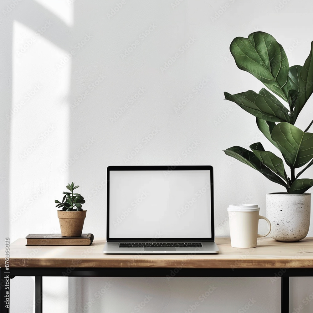 Design a minimalist office desk with a laptop, a small plant, and a coffee cup. The desk should have clean and simple lines, with a modern and uncluttered aesthetic. The laptop should be positioned op Design a minimalist office desk with a laptop, a small plant, and a coffee cup. The desk should have clean and simple lines, with a modern and uncluttered aesthetic. The laptop should be positioned op