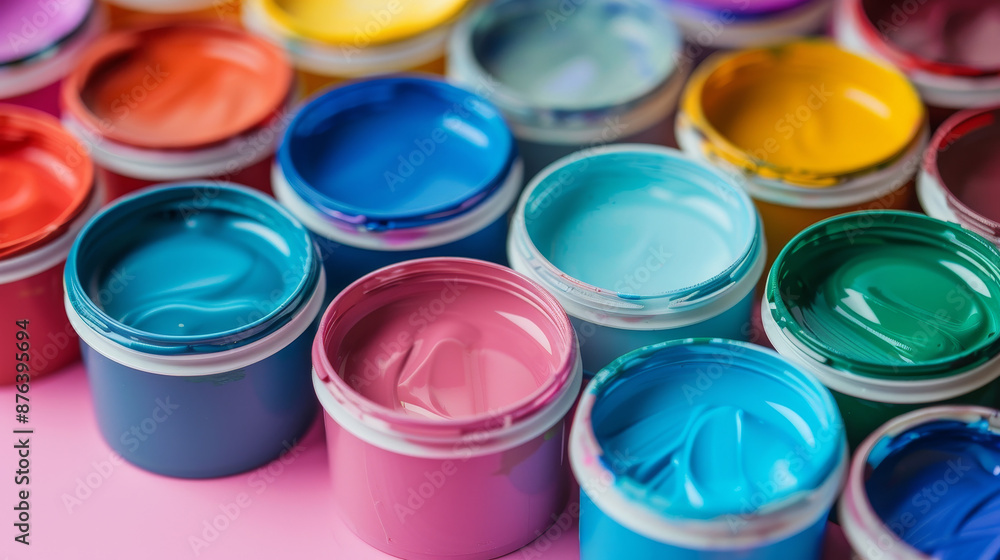 Artist and creativity concept with a composition of numbered plastic paint containers on a Gainsboro color background. The set features acrylic paints in pastel colors, with selective focus.
Artist and creativity concept with a composition of numbered plastic paint containers on a Gainsboro color background. The set features acrylic paints in pastel colors, with selective focus.