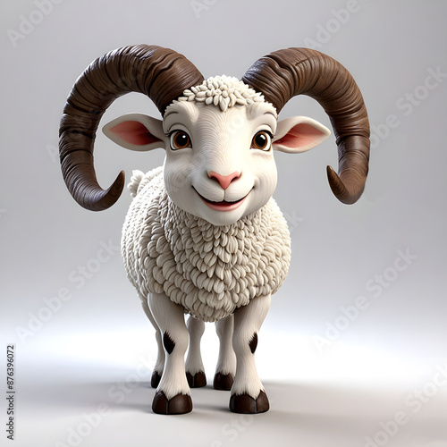 3D animated Cute Cartoon Render of a Smiling Ram Rigged Character 3D Rendered on a White Background. photo