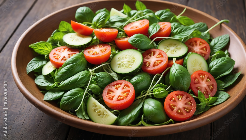 Fresh salad with juicy tomatoes, crispy cucumbers, and vibrant basil. Perfect for healthy lifestyle enthusiasts. Ideal for culinary websites. Stock food photo - Ai Generated Fresh salad with juicy tomatoes, crispy cucumbers, and vibrant basil. Perfect for healthy lifestyle enthusiasts. Ideal for culinary websites. Stock food photo - Ai Generated