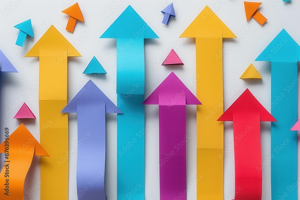 Colored paper cut into upward and downward arrows indicating business risks and opportunities White background Flat lay High quality, no realistic photo details Colored paper cut into upward and downward arrows indicating business risks and opportunities White background Flat lay High quality, no realistic photo details