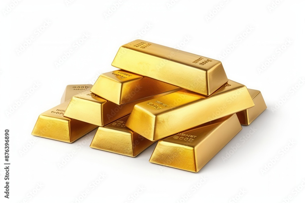 Pile of gold bars stacked neatly, shining brightly, isolated white background, copy space Pile of gold bars stacked neatly, shining brightly, isolated white background, copy space