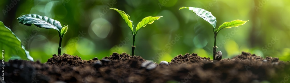 Three Coffee Saplings Growing in Soil with Bokeh Background Three Coffee Saplings Growing in Soil with Bokeh Background