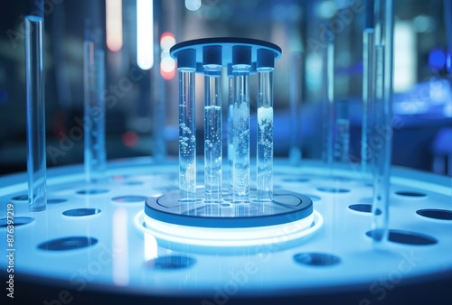 Laboratory glassware with blue light in the background. 3d rendering