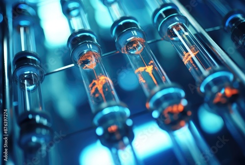 Laboratory test tubes with blood in blue light. 3d rendering