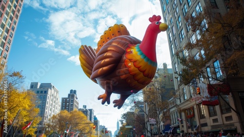 A giant turkey balloon floating down the street during a Thanksgiving Day parade