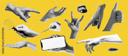 Set of hands gestures at the popart style and halftone effect on the bright yellow background. Trendy zine dadaizm elements isolated as a png. Vintage white and black retro collection.