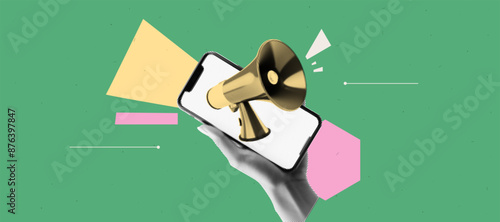 Geometric abstract bg with halftone collage elements. Hand hold phone with empty screen and loudspeacker. App cover mockup. Vibrant banner. Vector illustration in bright and bold trendy popart style.