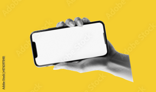 Yellow bg with halftone collage elements. Hand hold phone with empty screen. App cover mockup. Bold and bright popart png. Vector illustration in trendy popart style.