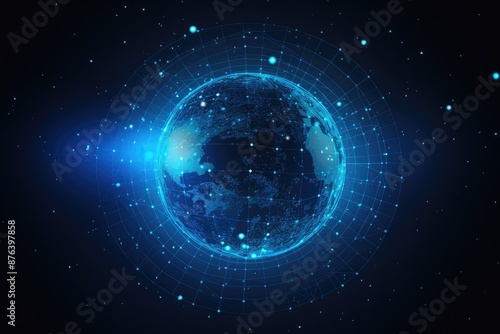Abstract digital globe with blue lights on dark background. Vector illustration.