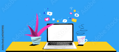 Collage graphic design banner with workspace with laptop mockup and plant and coffee. SMM background. Social media icons is flying. Popart trendy illustration with halftone elements. 
