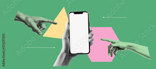 Pop art collage banner with two hand are touching a phone mockup with empty screen. Teamwork  app development concept. Send and trust. Halftone element on green abstract geometric bg. Bright and bold