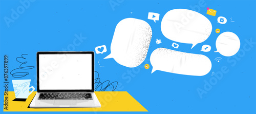 Collage graphic design banner with workspace and coffee and laptop mockup and speech bubbles.  Online talk concept with empty space for text. Popart trendy illustration with halftone elements