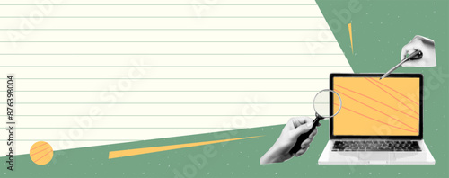 Collage banner with space for text and notes. Hands with pencil and magnifying glass. Paper cutout vector elements with scribble and grain texture. Green and yellow colors