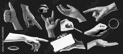 Set of hands gestures at the popart style and halftone effect on the transparent grid background. Trendy zine dadaizm elements isolated as a png. Vintage white and black retro collection.