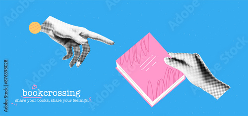 Collage banner theme of the bookcrossing. Cutout hands with cartoon doodle books with scribble texture. Education concept. Vector school background. Library exchange