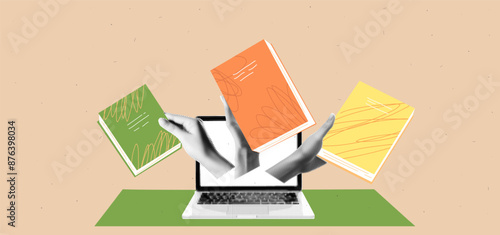 Collage graphic design banner with laptop mockup and  hands with books. Ebooks and online library background. Education concept with workspace. Popart trendy illustration with halftone elements. 