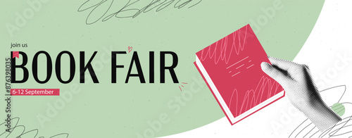 Collage banner theme of the book fair. Cutout hand with cartoon doodle book with scribble texture. Education concept. Vector design background with halftone elements.
