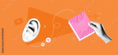 Collage graphic design banner with ear and hand with books. Ebooks and online library background. Education concept. Popart trendy illustration with halftone elements. Dada zine.