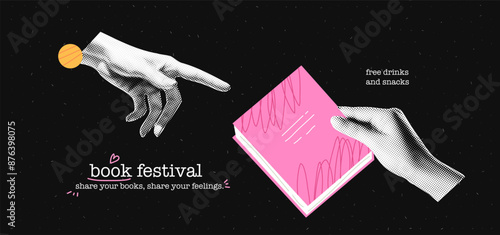 Collage banner theme of the book festival. Cutout hands with cartoon doodle book with scribble texture. Education concept. Vector design background with halftone elements.
