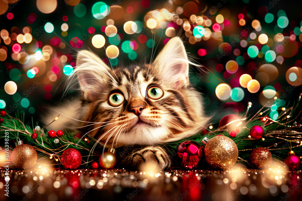 Festive Christmas card with a cat among the Christmas decorations, bokeh background Festive Christmas card with a cat among the Christmas decorations, bokeh background