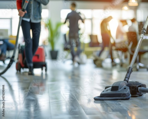 Professional cleaners vacuum office floor during bustling workday with employees in background