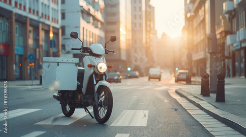 A white delivery box installed on a motorcycle stands on the road, representing service, delivery, and transportation in an urban city environment. Ideal for business and vehicle-related concepts.