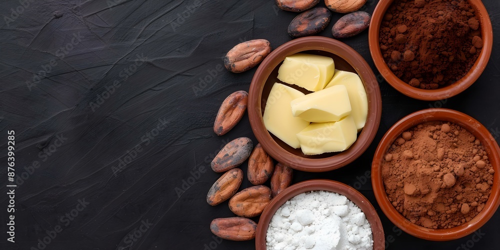 Overhead view of cocoa beans, chocolate butter, and powder on black background. Concept Food Photography, Ingredients, Cocoa Beans, Chocolate, Black Background Overhead view of cocoa beans, chocolate butter, and powder on black background. Concept Food Photography, Ingredients, Cocoa Beans, Chocolate, Black Background