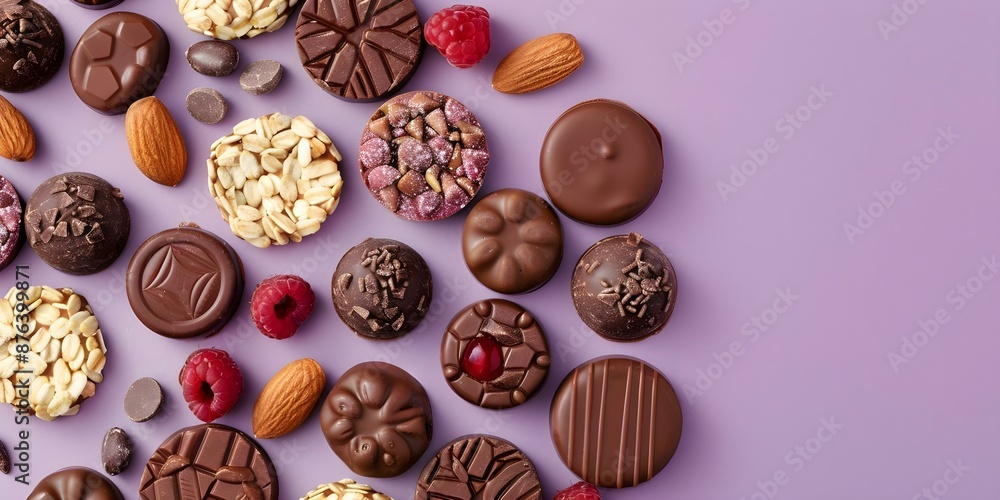 Luxurious Chocolate Medallions with Nuts and Fruits on a Lavender Background. Concept Chocolate Medallions, Nuts, Fruits, Lavender Background, Luxurious Treats Luxurious Chocolate Medallions with Nuts and Fruits on a Lavender Background. Concept Chocolate Medallions, Nuts, Fruits, Lavender Background, Luxurious Treats