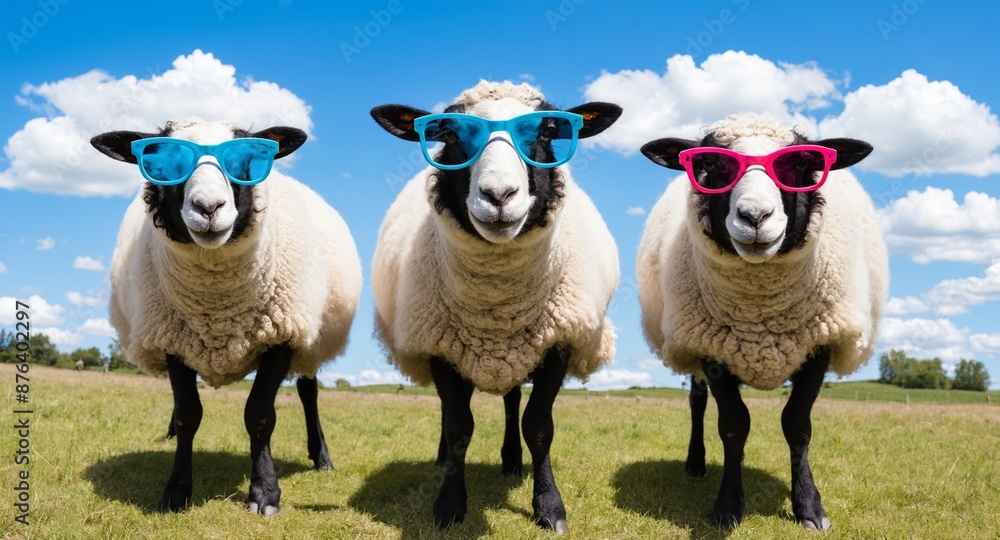 Funny sheep stands confidently wearing sunglasses on green grass meadow. Funny sheep stands confidently wearing sunglasses on green grass meadow.